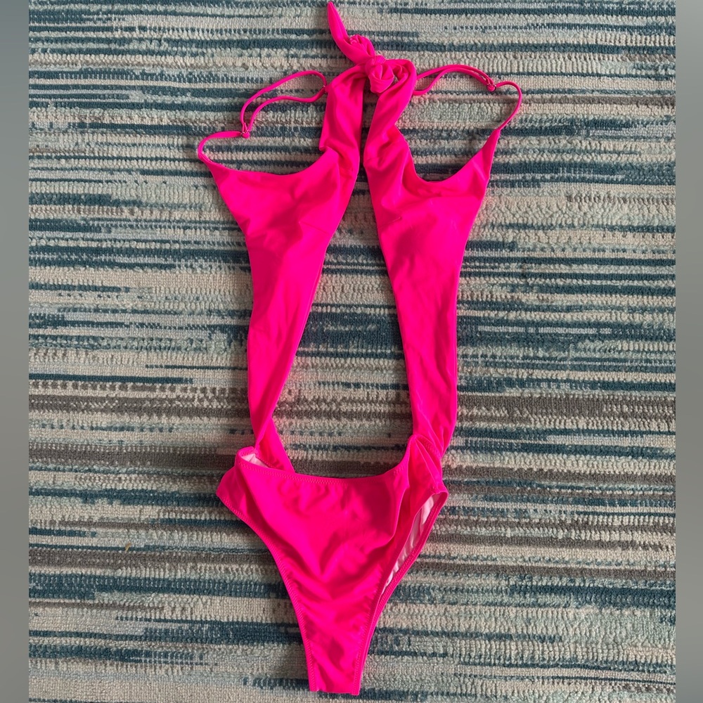 Vibrant Pink Criss Cross High Waisted Cut Out One Piece Monokini Swimsuit